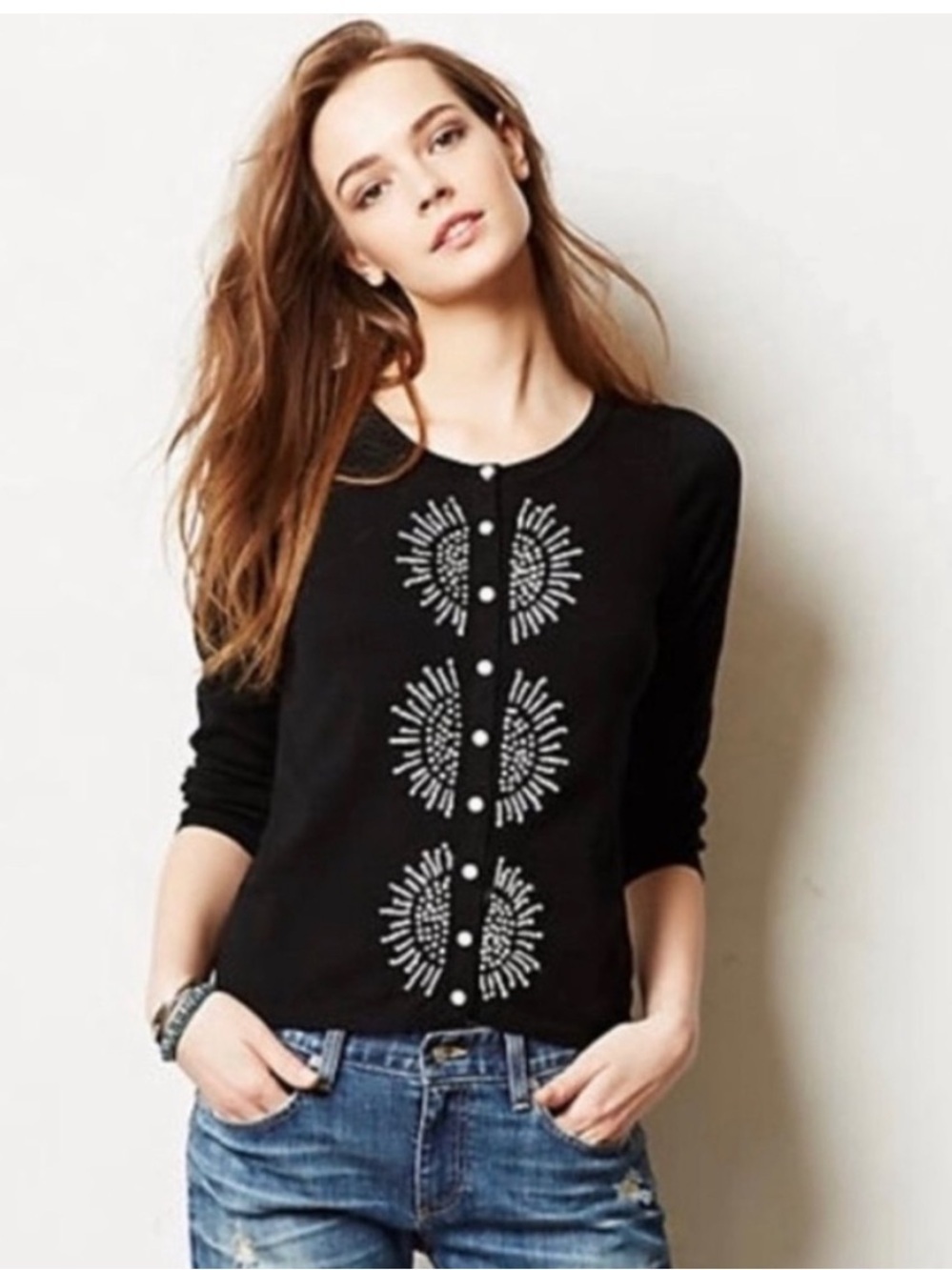 NWT Anthropologie HWR Monogram Embroidered Button Up Cardigan in Black Sz XS
